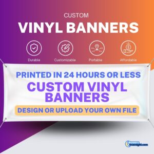 Custom vinyl banner showcasing durability, customization options, portability, and affordability. Get your banner printed in 24 hours or less. Design or upload your own file. Banners Overnight logo in the corner